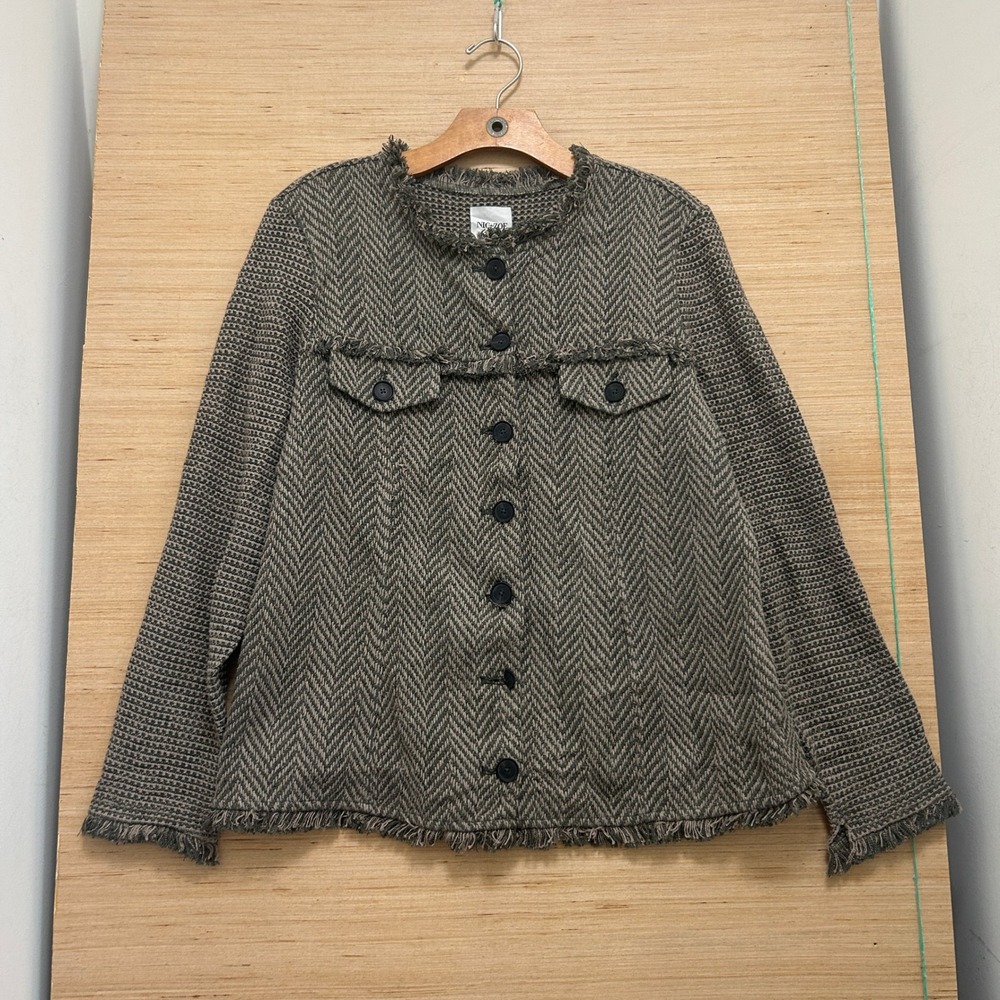 Nic+Zoe Womens Large Herringbone Knit Jacket Olive Green Fringed Trim Button Up